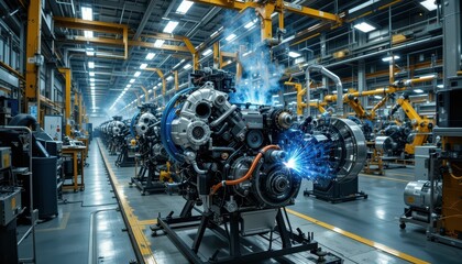 Poster - Advanced Engine Assembly Line with Sparks and Industrial Machinery