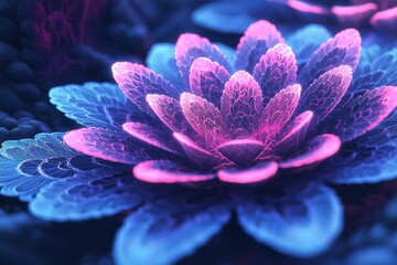 Aufkleber - An abstract depiction of a flower with vibrant pink and blue hues, showcasing intricate petal patterns and a soft, glowing light effect, creating a dreamy feel.