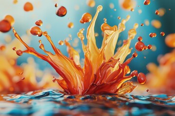 Poster - a vibrant orange liquid bursts from a blue surface, creating a dynamic splash captured in a detailed