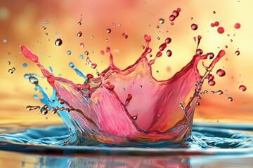 Poster - Dynamic close-up of a vibrant water splash, freezing the crown-like collision in shades of pink and blue against a warm gradient background, strikingly beautiful and artistic.