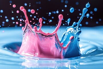 Poster - dynamic macro shot capturing a captivating liquid collision of pink and blue, resulting in a crown-s
