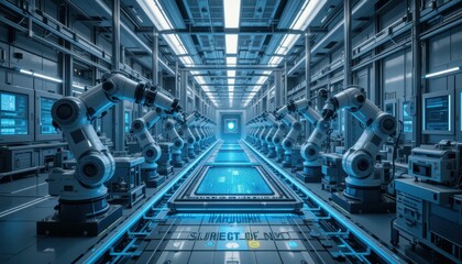 Poster - Futuristic Automated Factory with Robotic Arms and Neon Lighting