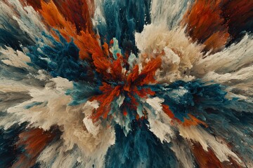 Poster - An impressive explosion of colors emanating from a central point with intricate details, showcasing dynamic textures and vibrant shades of blue, red, and beige.