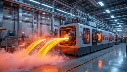 Poster - Industrial Manufacturing Process with Flames and Machinery in Factory