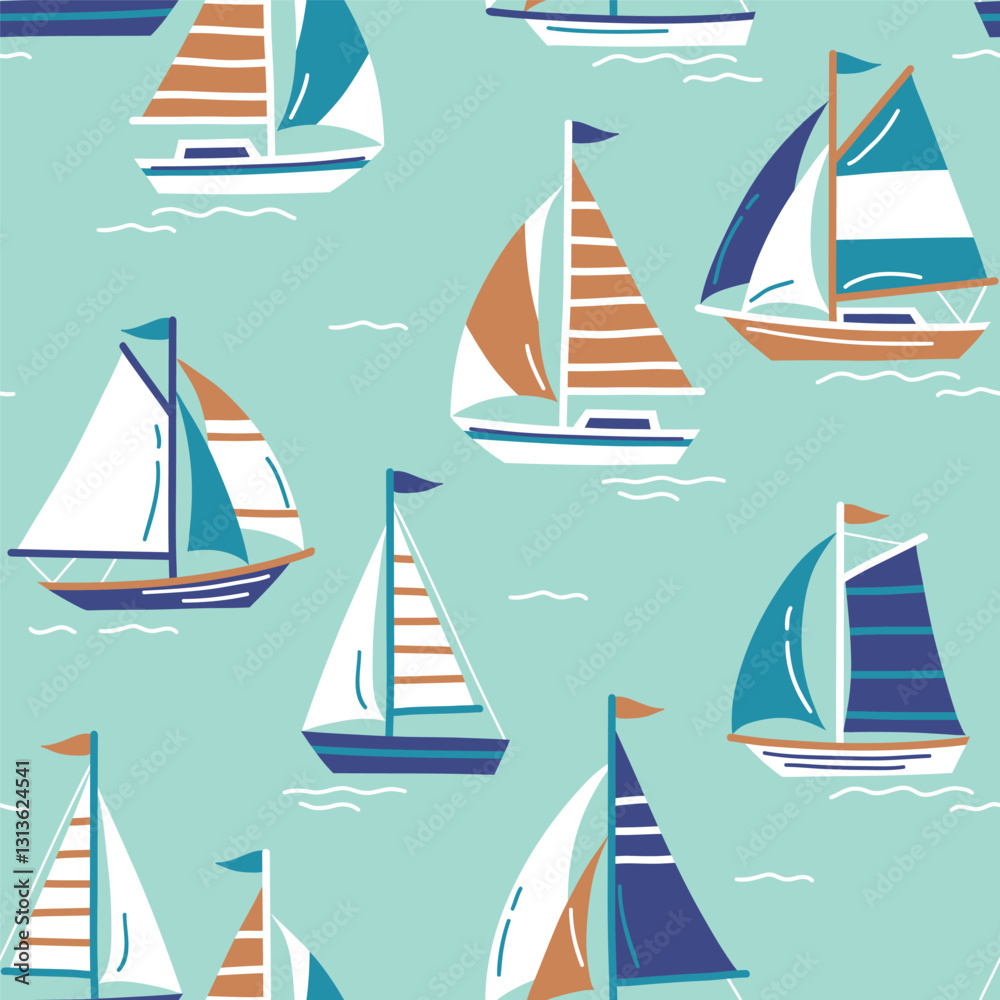 Seamless pattern with hand drawn sailboats. Sailing ship vector design ...