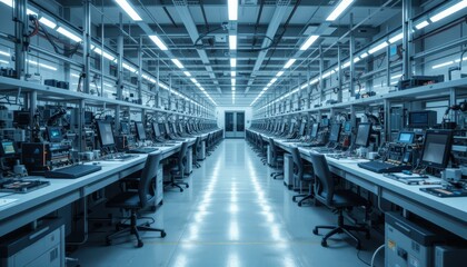 Poster - High-Tech Manufacturing Floor with Rows of Workstations and Machinery
