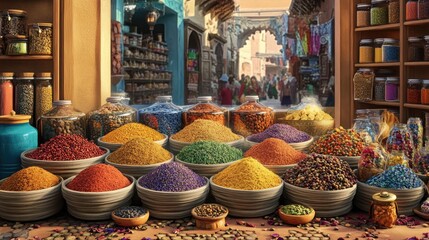 Poster - A beautiful spread of colorful spices at a Moroccan souk, with rich reds, yellows, and oranges against a bustling market backdrop, perfect for travel promotions.