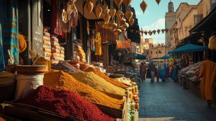 Poster - A beautiful spread of colorful spices at a Moroccan souk, with rich reds, yellows, and oranges against a bustling market backdrop, perfect for travel promotions.