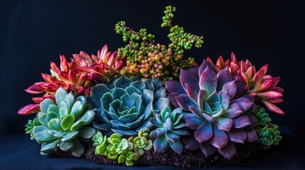 Poster - A beautiful succulent and flower arrangement in vivid colors, contrasting with a dark backdrop, ideal for modern home decor and botanical art