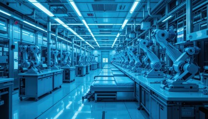 Poster - Futuristic High-Tech Laboratory with Robotic Arms and Blue Lighting