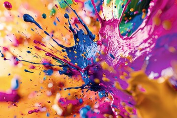Poster - Dynamic explosion of vibrant colors in a captivating abstract composition, a fusion of blue, pink, yellow, and hints of green showcasing artistic expression and creative energy.