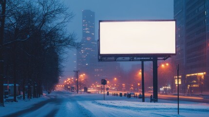 Poster - A blank billboard illuminating a snowy city street at dusk, creating a serene winter evening setting for an advertising display.