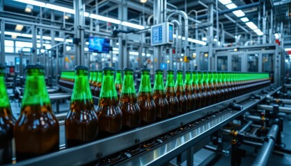 Poster - Bottling Process in Modern Factory with Green Bottles and Machinery
