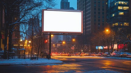 Poster - A blank billboard illuminating a snowy city street at dusk, creating a serene winter evening setting for an advertising display.