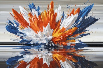 Poster - Spectacular explosion of vibrant acrylic paints: a dynamic abstract composition featuring orange, white, and blue hues, mirrored for a visually stunning and captivating artistic effect.
