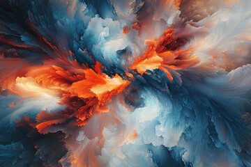 Poster - An abstract rendering of vibrant colors exploding in a dynamic swirl, with hues of orange, blue, and white creating a sense of energy and depth that captures the eye.