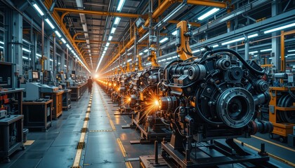 Poster - Industrial Engine Manufacturing Line with Sparks in Factory