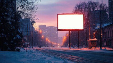 Poster - A blank billboard lighting up a snowy street as dusk falls, offering a prime spot for winter-themed advertisements.