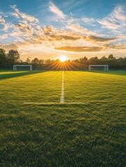 Poster - Golden sunlight casts long shadows on a peaceful soccer field at sunrise Generative AI