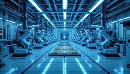 Poster - Advanced Robotic Assembly Line in Futuristic High-Tech Facility