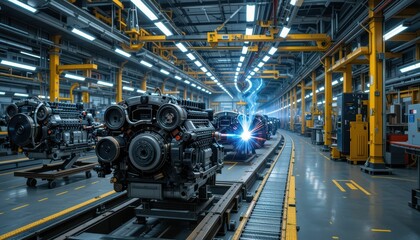 Poster - Industrial Engine Assembly Line with Machines and Technology