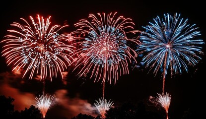 Poster - A blurred background of fireworks at night, with bokeh lights in the foreground. Copy space
