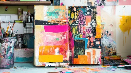 Poster - A bright, colorful art journal with mixed media and collage elements, set on a creative workspace, perfect for artists and creators.