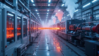 Poster - Futuristic Industrial Interior with Smoke and Light Effects in Factory
