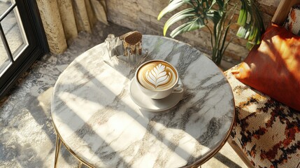 Poster - A cappuccino with artistic latte art on a marble table, surrounded by the sunlit ambiance of a cozy cafe perfect for coffee enthusiasts.