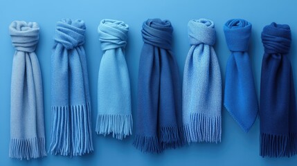 Aufkleber - A carefully arranged selection of blue scarves on a matching blue background, perfect for showcasing winter fashion in an elegant way.