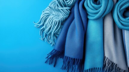 Aufkleber - A carefully arranged selection of blue scarves on a matching blue background, perfect for showcasing winter fashion in an elegant way.
