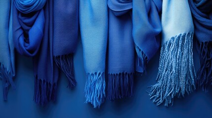 Aufkleber - A carefully arranged selection of blue scarves on a matching blue background, perfect for showcasing winter fashion in an elegant way.