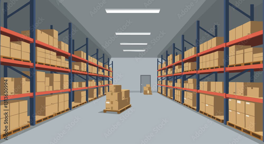 Spacious warehouse with neatly stacked cardboard boxes on shelves ...