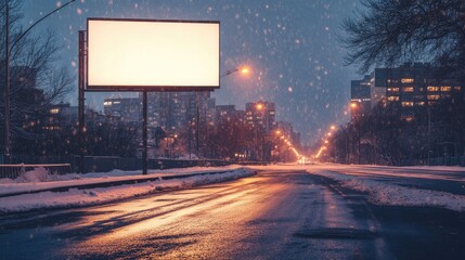 Aufkleber - A city street at dusk with snow covering the ground, and a blank billboard shining brightly, perfect for winter advertising.