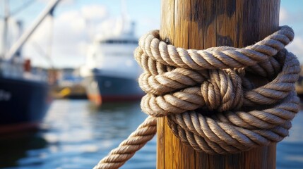 Aufkleber - A close-up of a nautical rope knot tied on a wooden post, with ships in the background, capturing maritime history in a museum setting.