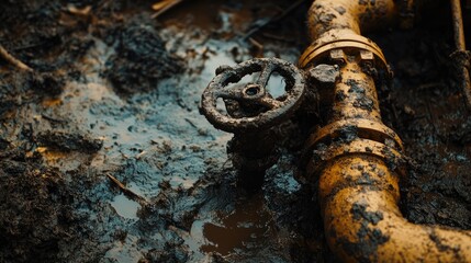 Aufkleber - A close-up of an outdoor water pipe with a broken valve, surrounded by mud and debris, highlighting the weathered and damaged infrastructure.