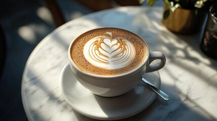 Poster - A close-up of cappuccino with intricate latte art, placed on a marble table in a cozy, sunlit cafe setting, creating a warm atmosphere.