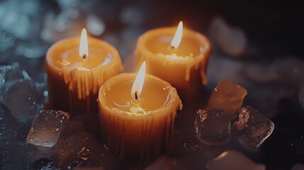 Poster - A close-up of melting candles with dripping wax and scattered ice cubes in a moody, atmospheric environment.