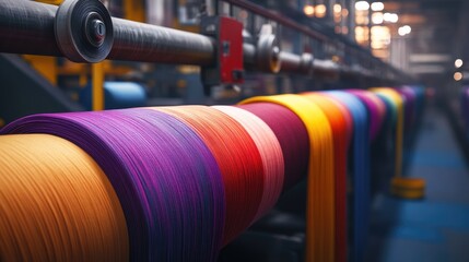 Poster - A close-up of vivid fabric rolls in an industrial textile factory, showcasing various colors in the dyeing process