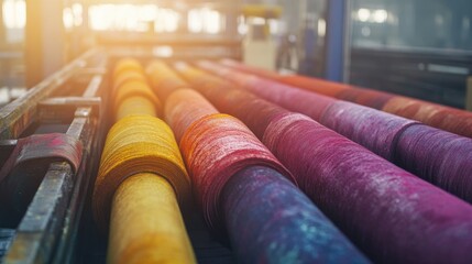 Poster - A close-up of vivid fabric rolls in an industrial textile factory, showcasing various colors in the dyeing process