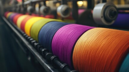 Poster - A close-up of vivid fabric rolls in an industrial textile factory, showcasing various colors in the dyeing process