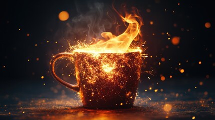 Poster - A coffee cup bursting with fiery energy and dynamic sparks in a dark, atmospheric setting, highlighting power and intensity.