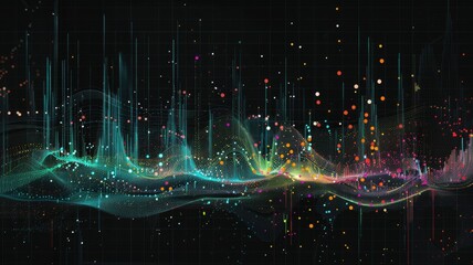 Poster - Abstract visualization of glowing dots and lines on a dark background. Digital artwork of glowing vibrant colorful dots and lines connecting together. Abstract image of Digital art for design. AIG53.