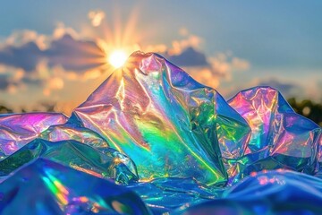 Poster - A surreal landscape with iridescent rock formations, backlit by a bright sun and wispy clouds, creating a dreamlike and fantastical ambiance, a unique artistic vision.