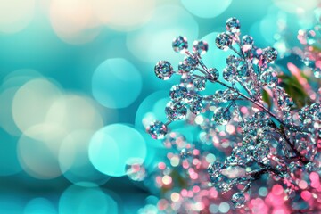 Poster - Close-up of glittery decorations on a branch, with soft, blurred teal bokeh lights providing an ethereal and festive atmosphere, perfect for holiday backgrounds.