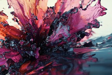 Poster - Dynamic splash of vibrant pink and orange liquid with intricate details and reflection, creating an eye-catching and visually stunning abstract composition.