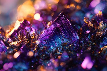 Poster - A close-up view reveals a cluster of vibrant amethyst crystals, exhibiting sharp edges, deep purples, blues, and golden hues creating an otherworldly, gem-like texture.