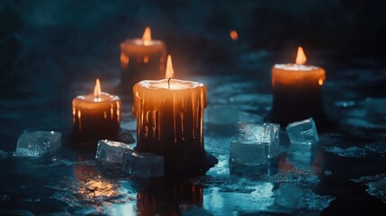 Poster - A dark atmospheric scene with candles melting, wax dripping, and ice cubes, adding a sense of contrast between heat and cold.