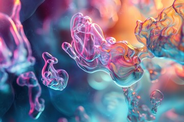 Poster - An abstract rendering of translucent, fluid-like forms with vibrant gradients of pink, blue, and orange, creating a mesmerizing and otherworldly visual experience, evokes the microscopic world.