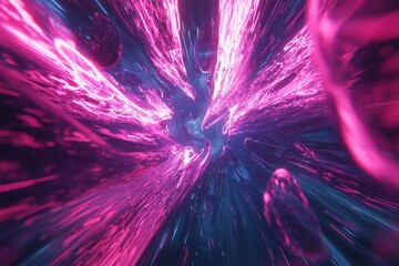 Poster - A mesmerizing abstract image depicting a high-speed tunnel with vibrant pink and blue light streaks, creating a futuristic and dynamic visual experience, resembling a warp speed.